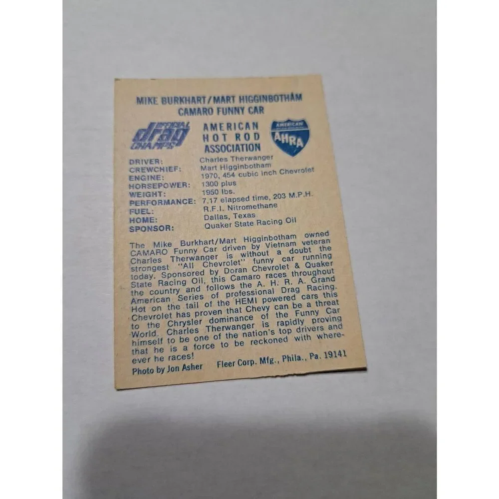 Vintage 1971 Mike Burkhart Mart Higginbothom Camaro Funny Car Fleer Trading Card